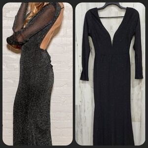Lulus XL Deep Plunge Sparkly Fitted Backless Dress Gown Mermaid Black Maxi